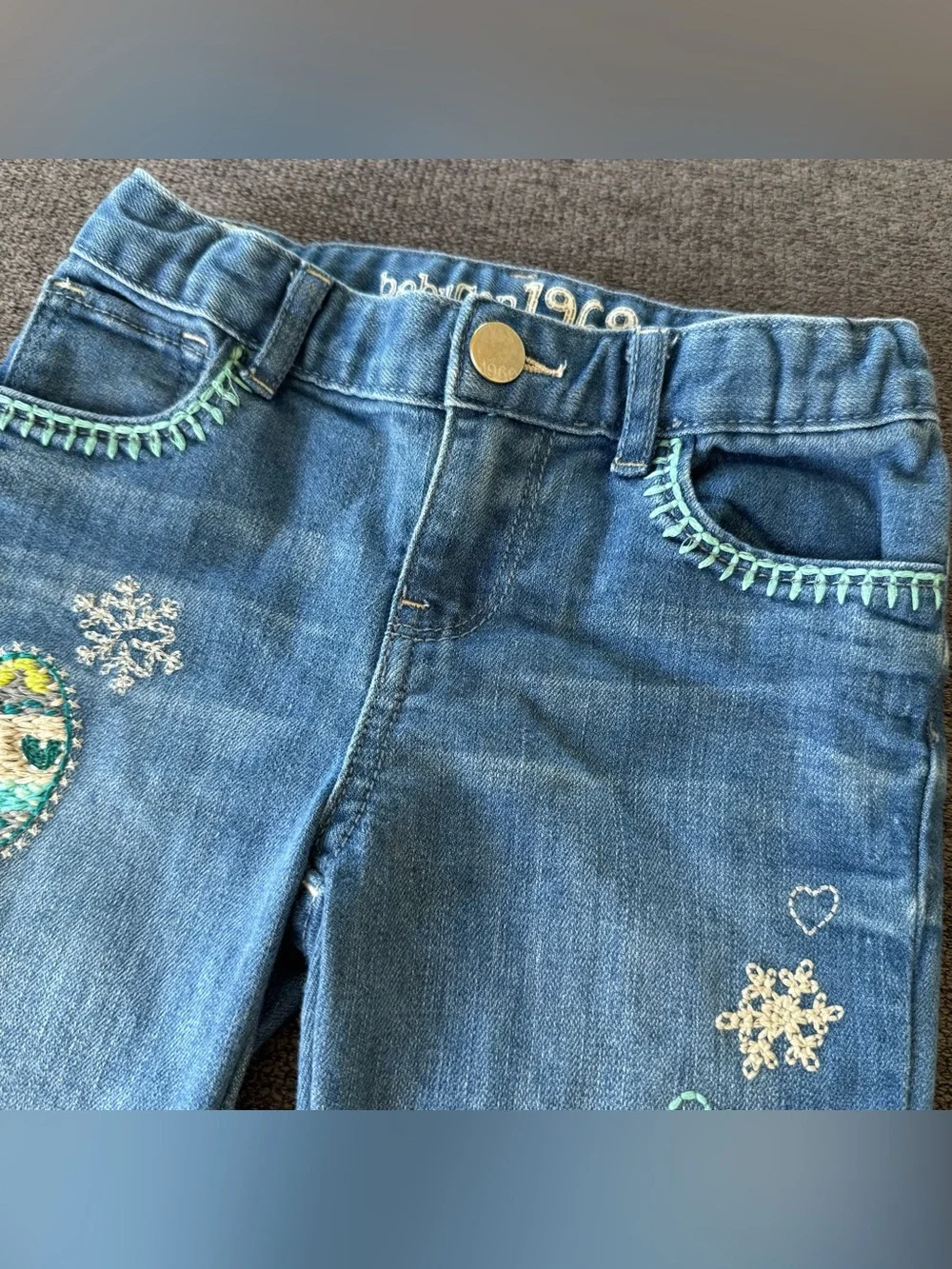 Gap Blue Denim Jeans Embroidered Heart  Ornaments Snowflake Holiday Christmas 5